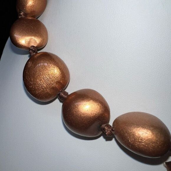 Vintage Bronze Painted Wooden Bead Necklace on Silk Ribbon - Picture 5 of 6